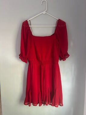 Zara Red Square-Neck Puff Sleeve Mini Dress